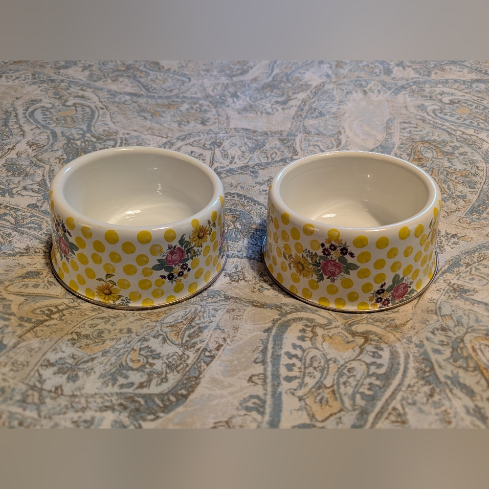 Vintage Mackenzie Childs Pet Bowls Enamel Yellow Dot Floral